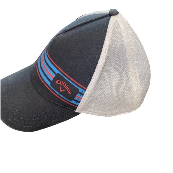 Callaway Snap Back Hat Charcoal with Red and Blue Stripe Design and White Mesh - Picture 3 of 7